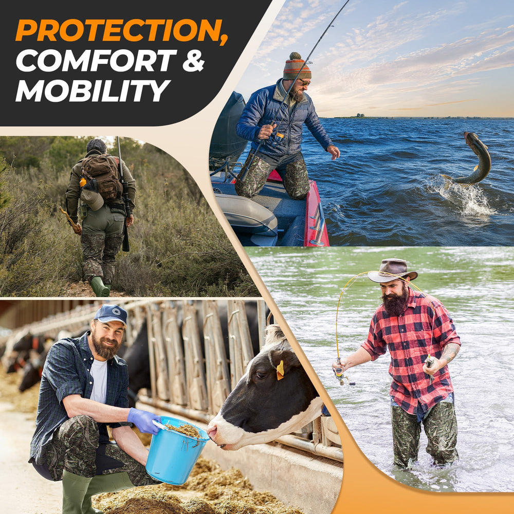 Foxelli hip waders double-stitched seams and heat-welded boot attachment for durability.