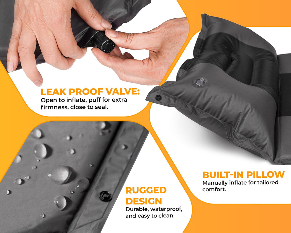 Foxelli sleeping pad built-in pillow supports neck comfort during camping.
