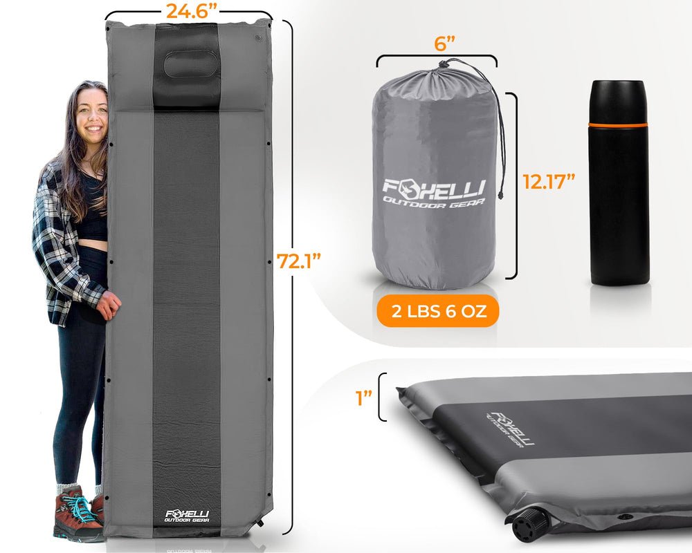 Foxelli sleeping pad packed compactly for lightweight backpacking travel.