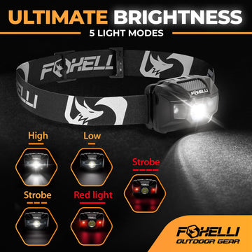 Foxelli USB-C headlamp red light supports night vision for camping and astronomy.