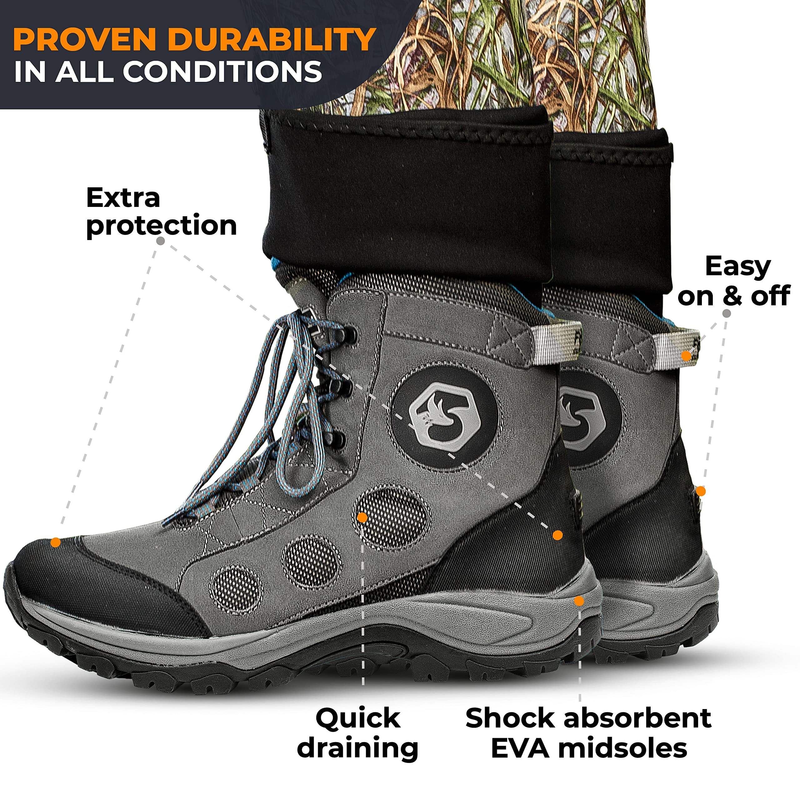 Foxelli wading boots rear pull loop and lace hooks for easy on/off