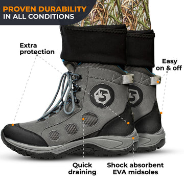 Foxelli wading boots rear pull loop and lace hooks for easy on/off