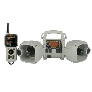 FOXPRO Shockwave remote front view shows a rugged predator call in action for field use.