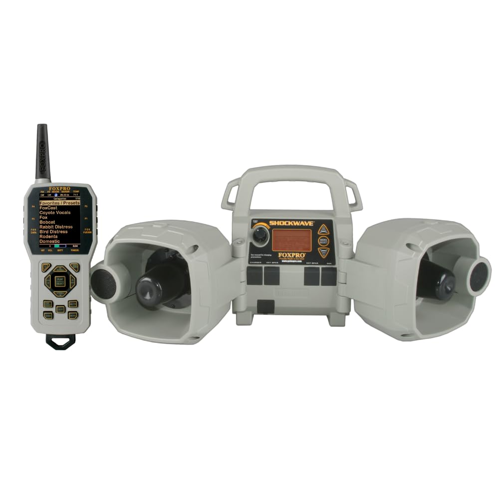 FOXPRO Shockwave remote front view shows a rugged predator call in action for field use.