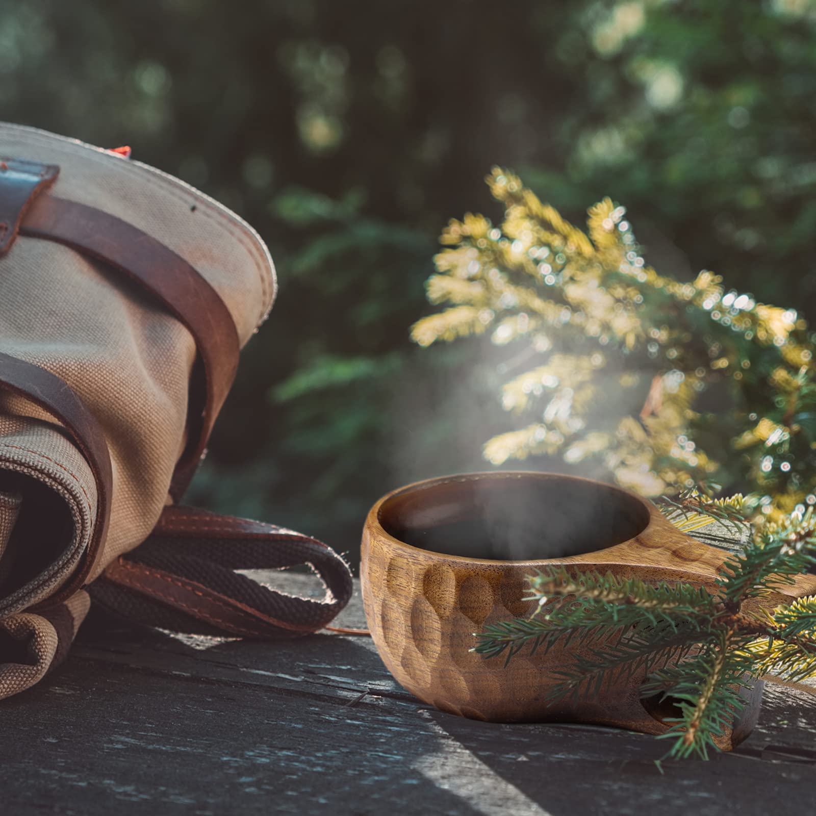 Foxyoo Kuksa mug with 12oz capacity suitable for hot coffee on hikes.