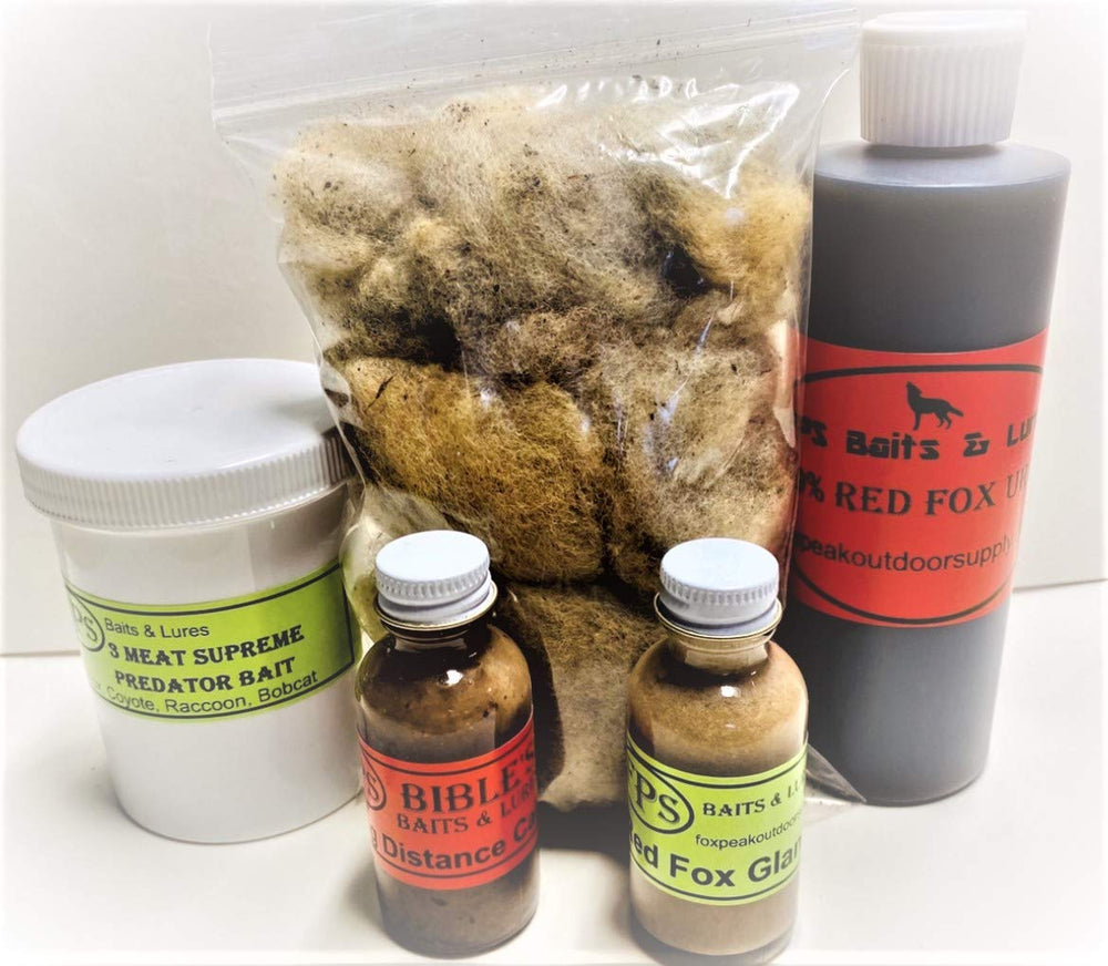 FPS Fox Lure & Bait Kit #1 front view, ideal for ready-to-use fox trapping setups.