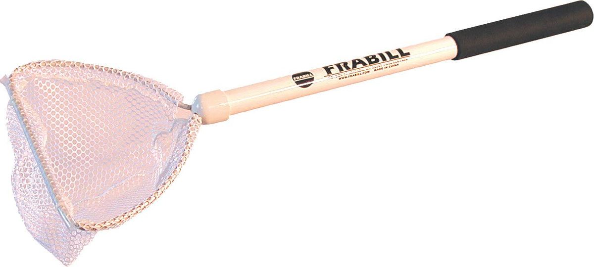 FRABILL baitwell net with D-shaped hoop and 18-inch handle for gentle, snag-free bait retrieval