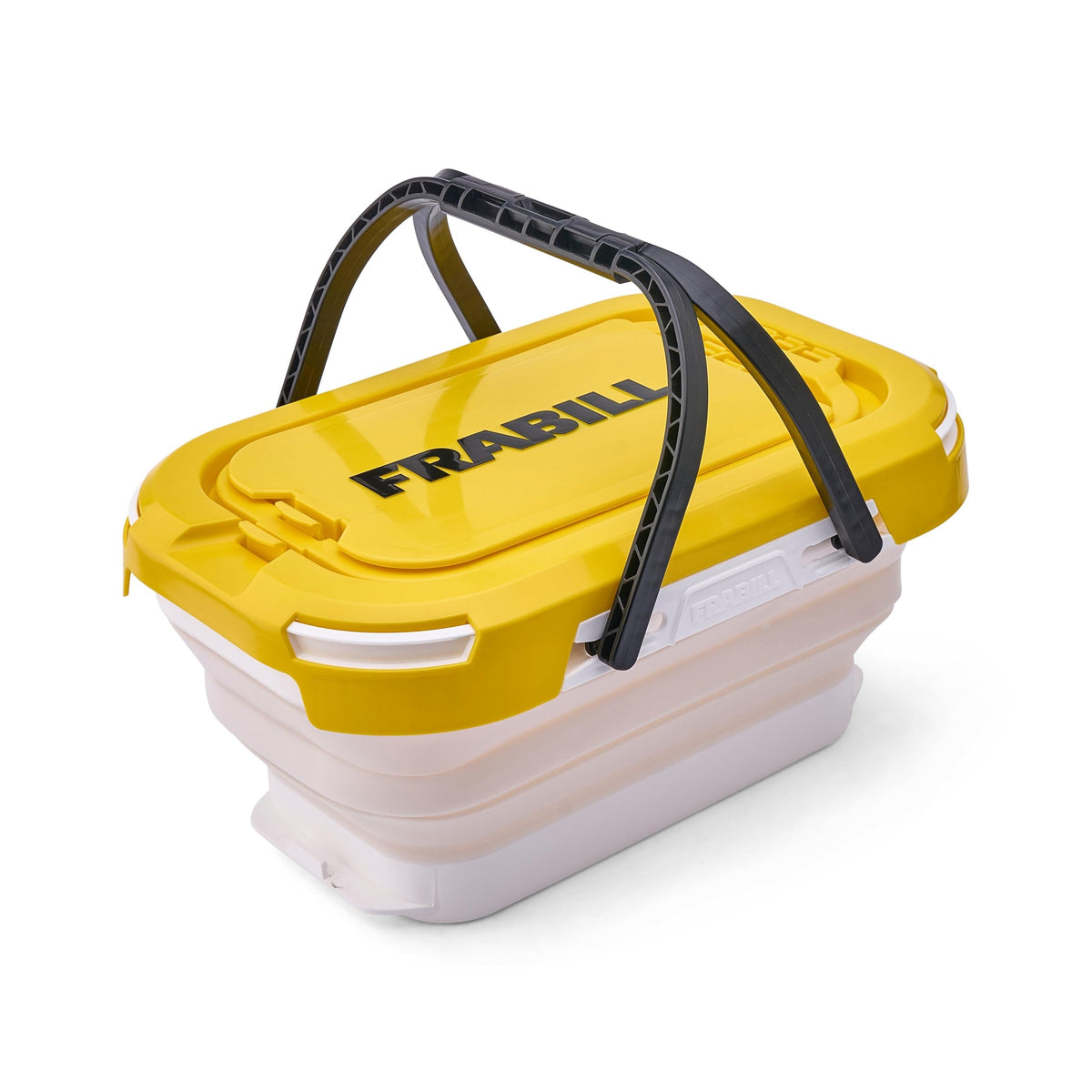 Frabill Collapsible Bait Bucket with Aerator in white-yellow, viewed from top for easy pouring.