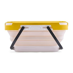 Frabill Collapsible Bait Bucket with Aerator, lid open for quick bait access.