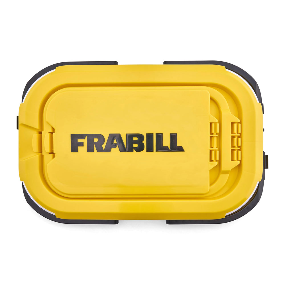Frabill Collapsible Bait Bucket with Aerator in white-yellow for high visibility.