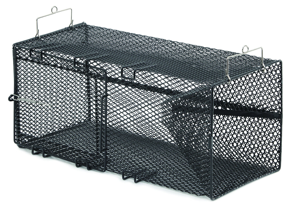 Frabill crawfish trap 8x8x18 black front view for versatile freshwater or saltwater trapping