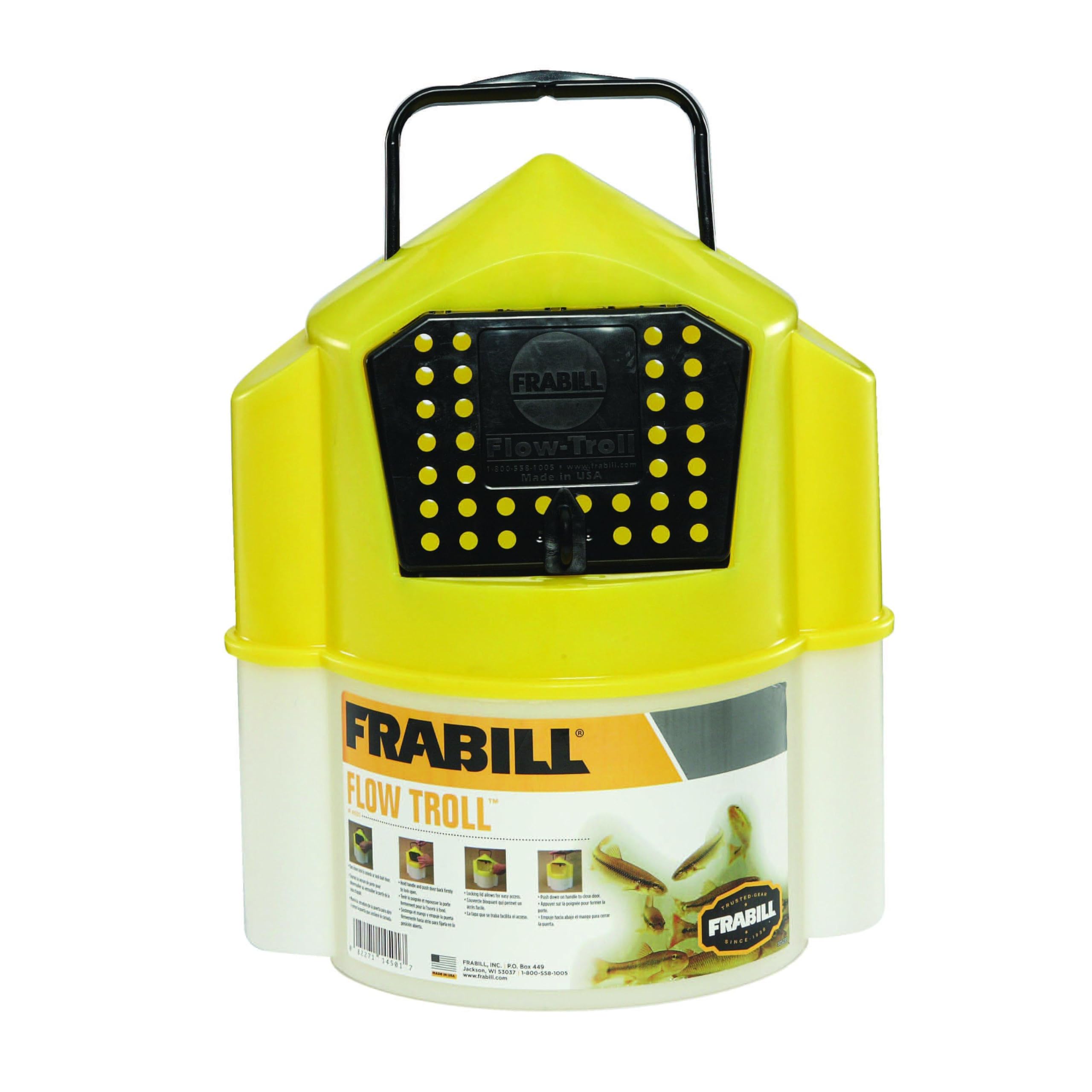 Frabill Flow Troll bait container front view showing self-closing door for secure bait