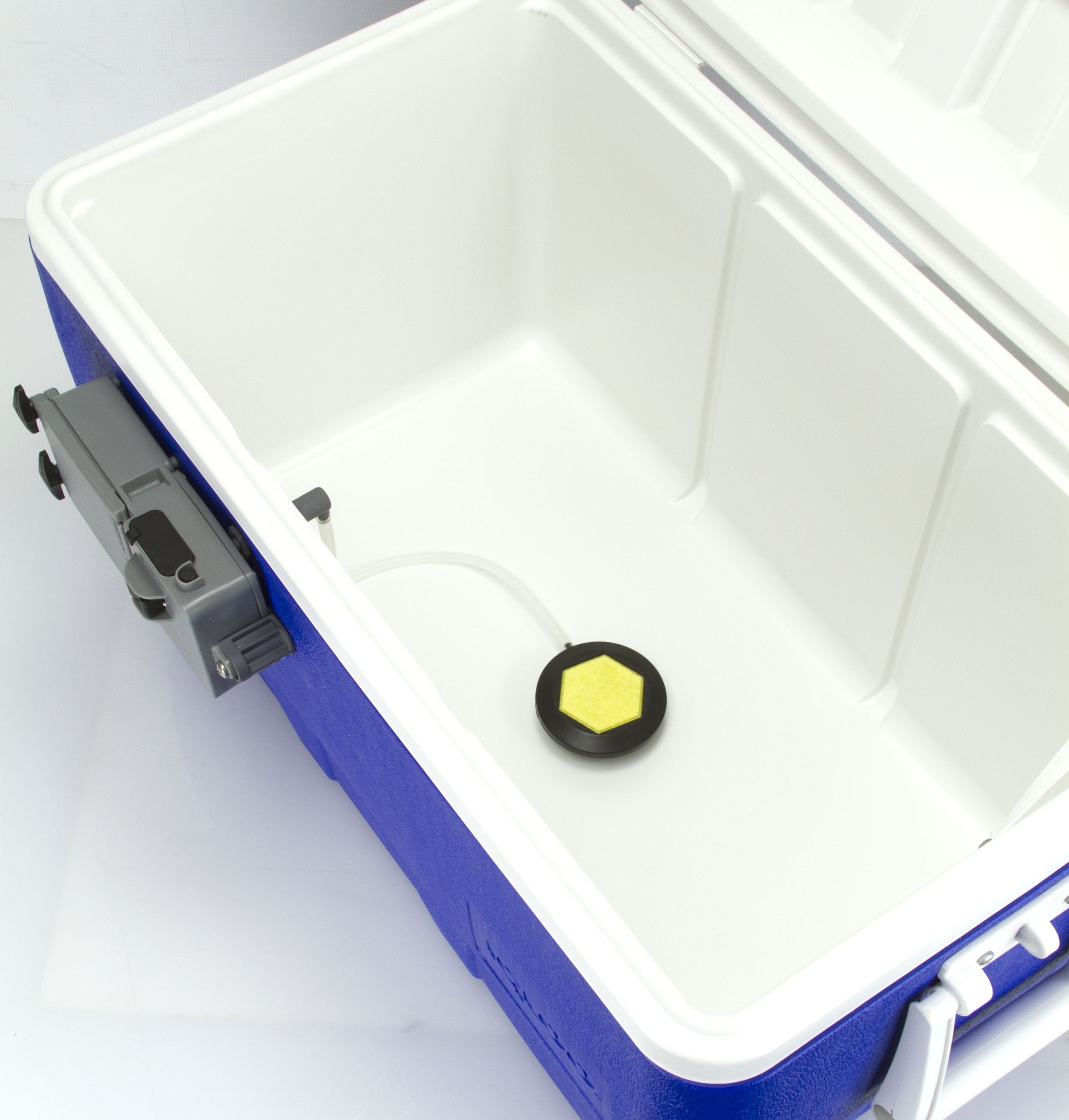 Frabill Ice Aqua-Life watertight housing secures the aeration system on the cooler.