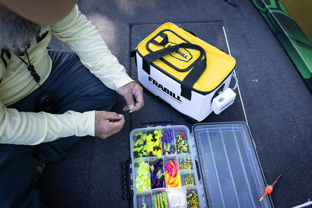 Frabill universal bait station 8qt white backview illustrates sturdy form for on-water use.