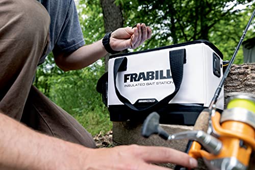 Frabill universal bait station 8qt white closeup shows secure lid and clean lines.