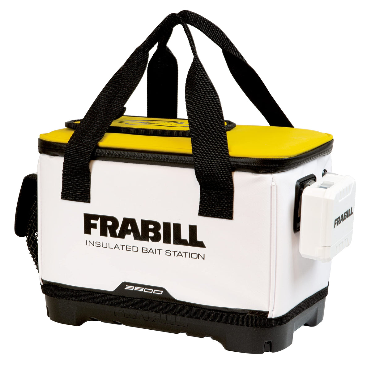 Frabill universal bait station 8qt white frontview promotes organized bait storage for quick access.