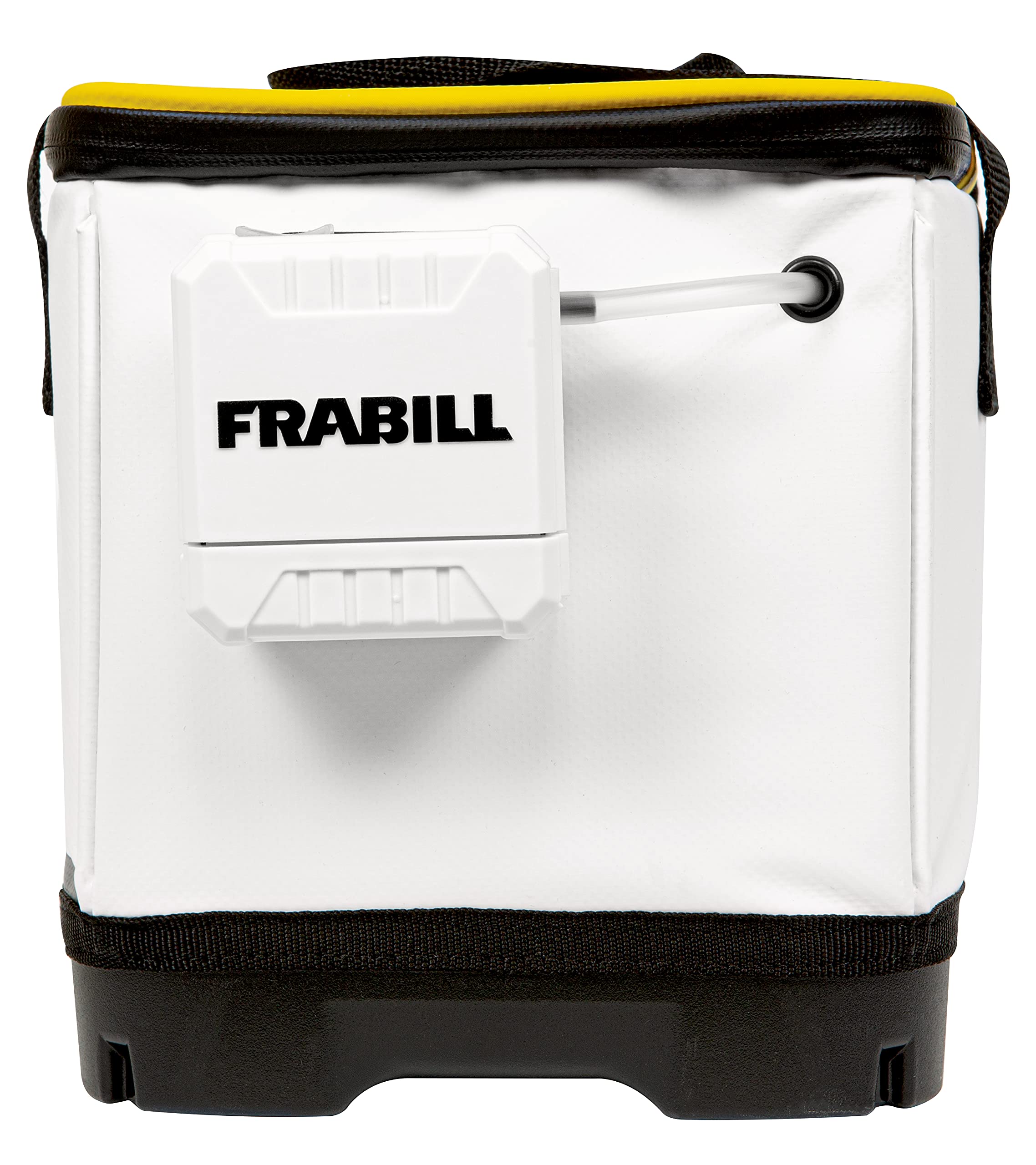 Frabill universal bait station 8qt white lid-open demonstrates easy bait access.