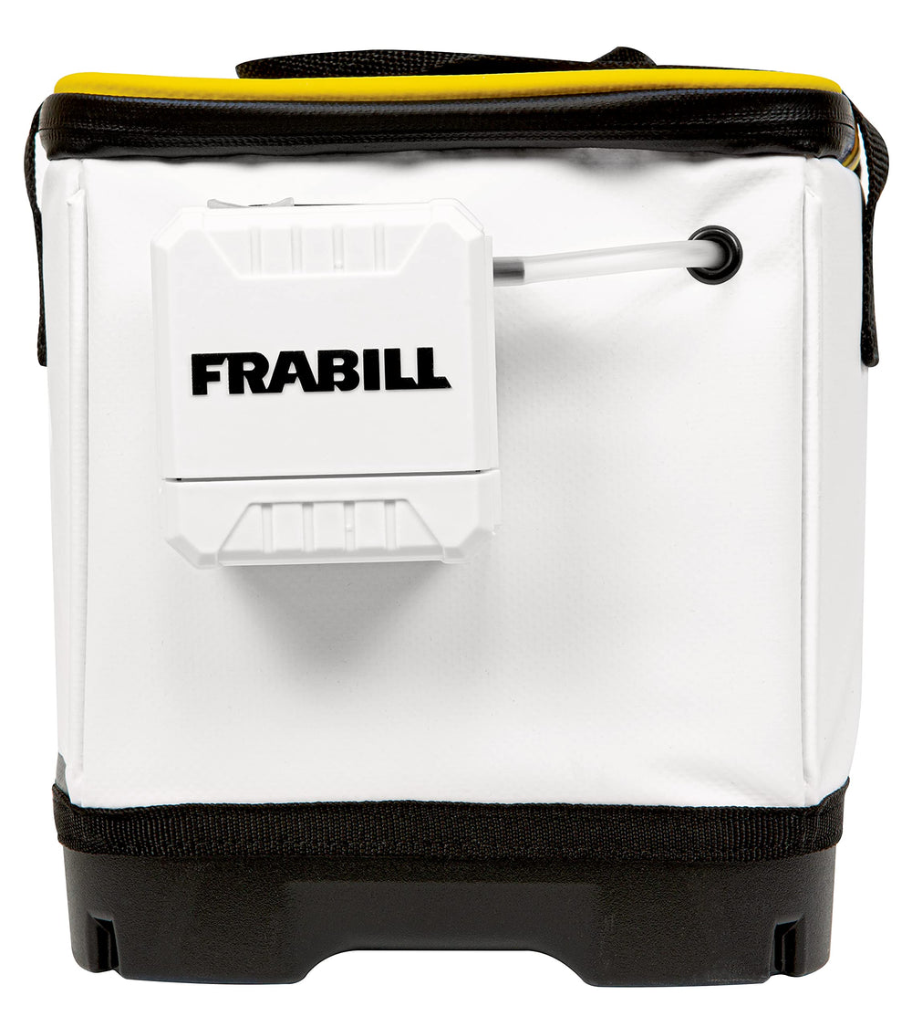 Frabill universal bait station 8qt white lid-open demonstrates easy bait access.