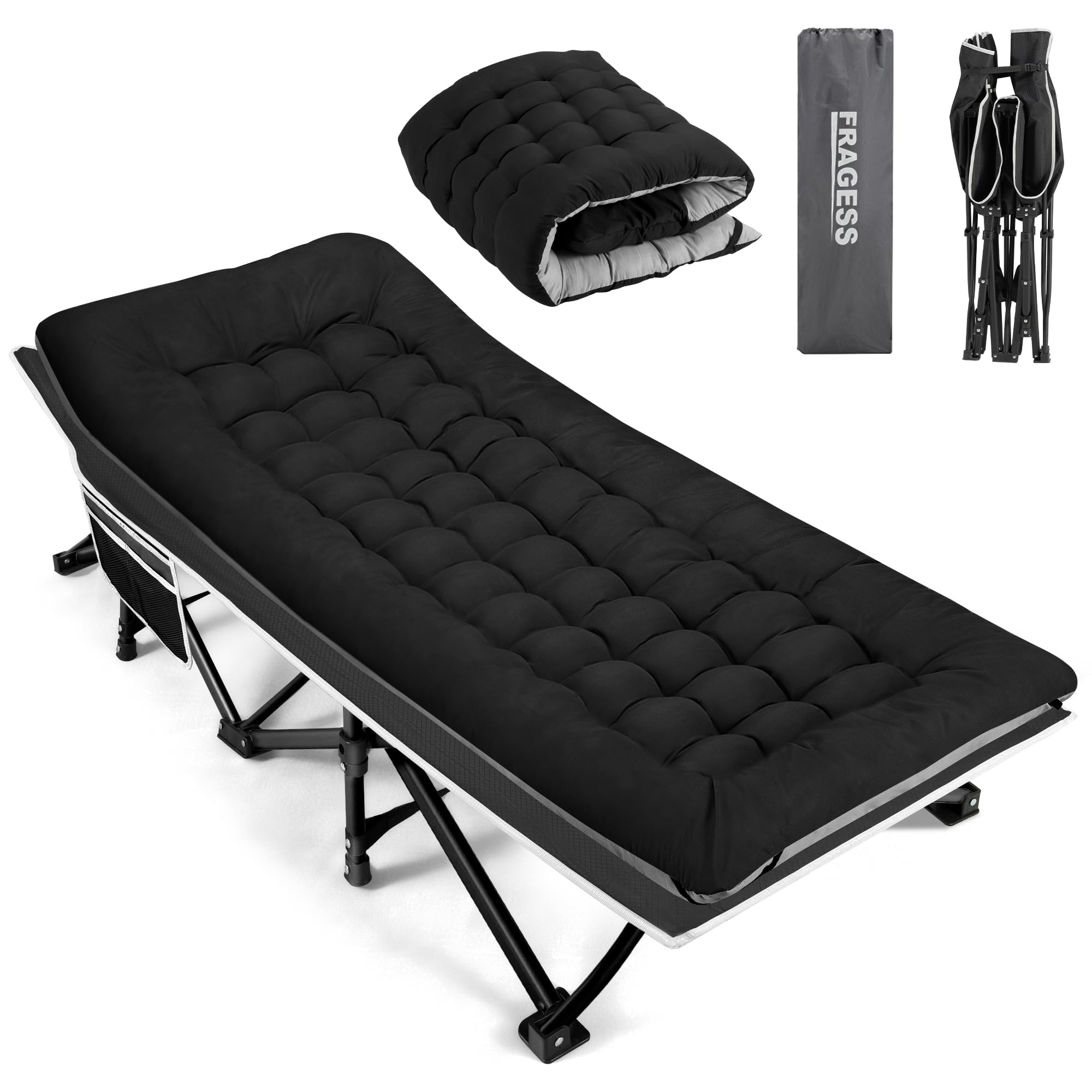 Fragess camping cot setup showing easy unfold and sturdy frame for camping