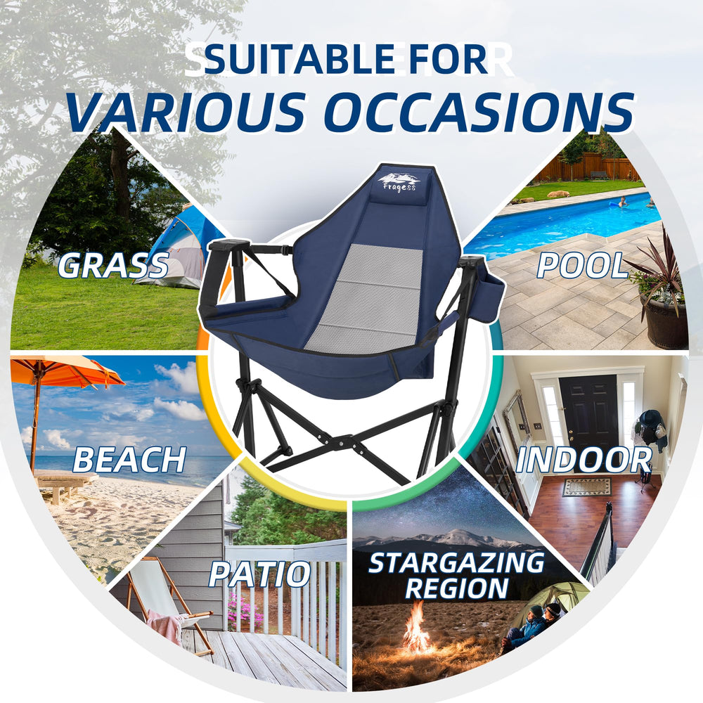 Fragess hammock camping chair in-use-at-campsite demonstrates versatile outdoor seating setup.