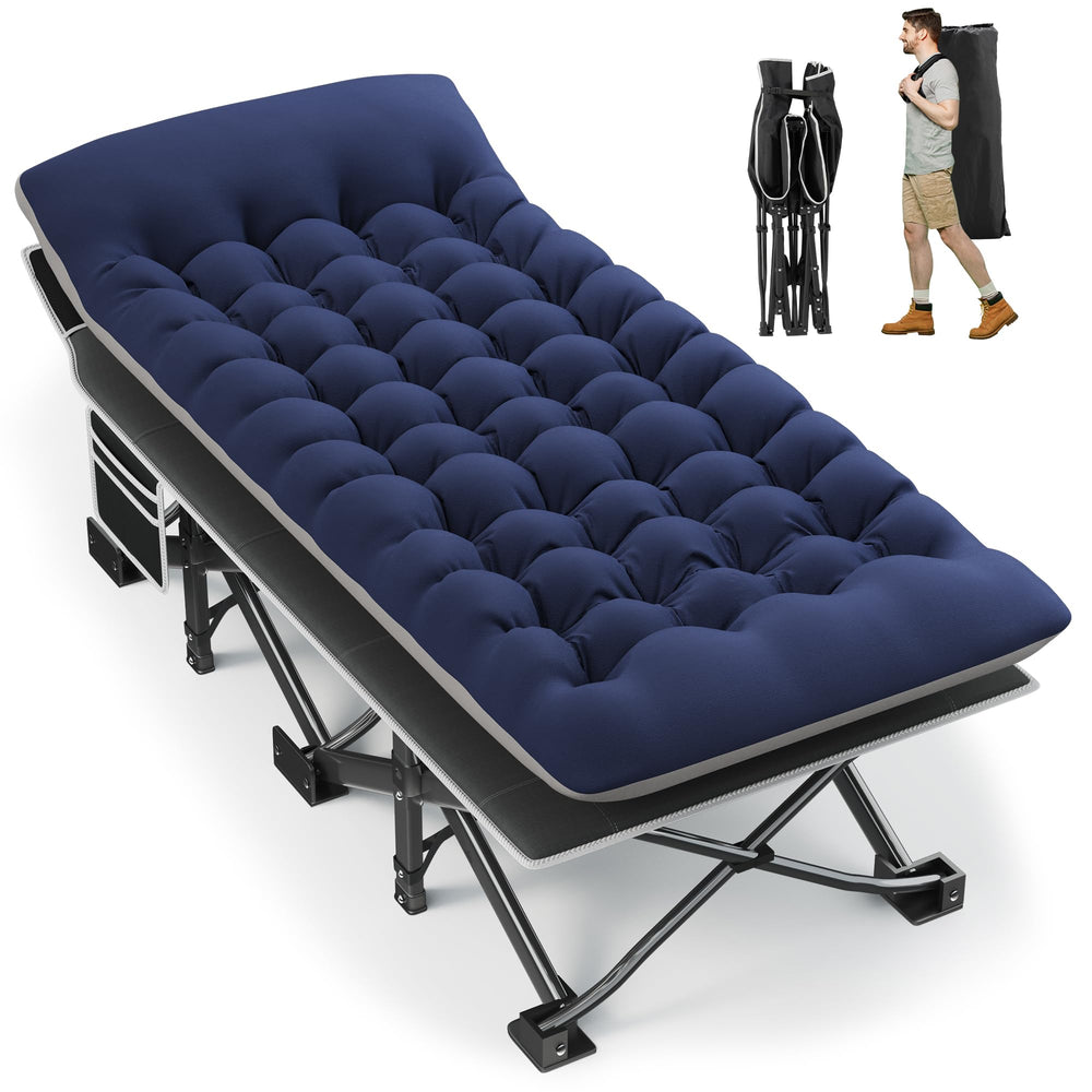 Fragess portable camping cot blue in setup for outdoor sleep and stability