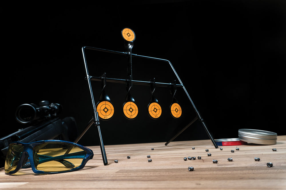 Frankford Arsenal Caldwell rimfire resetting target in use portable setup for range and hunting sessions