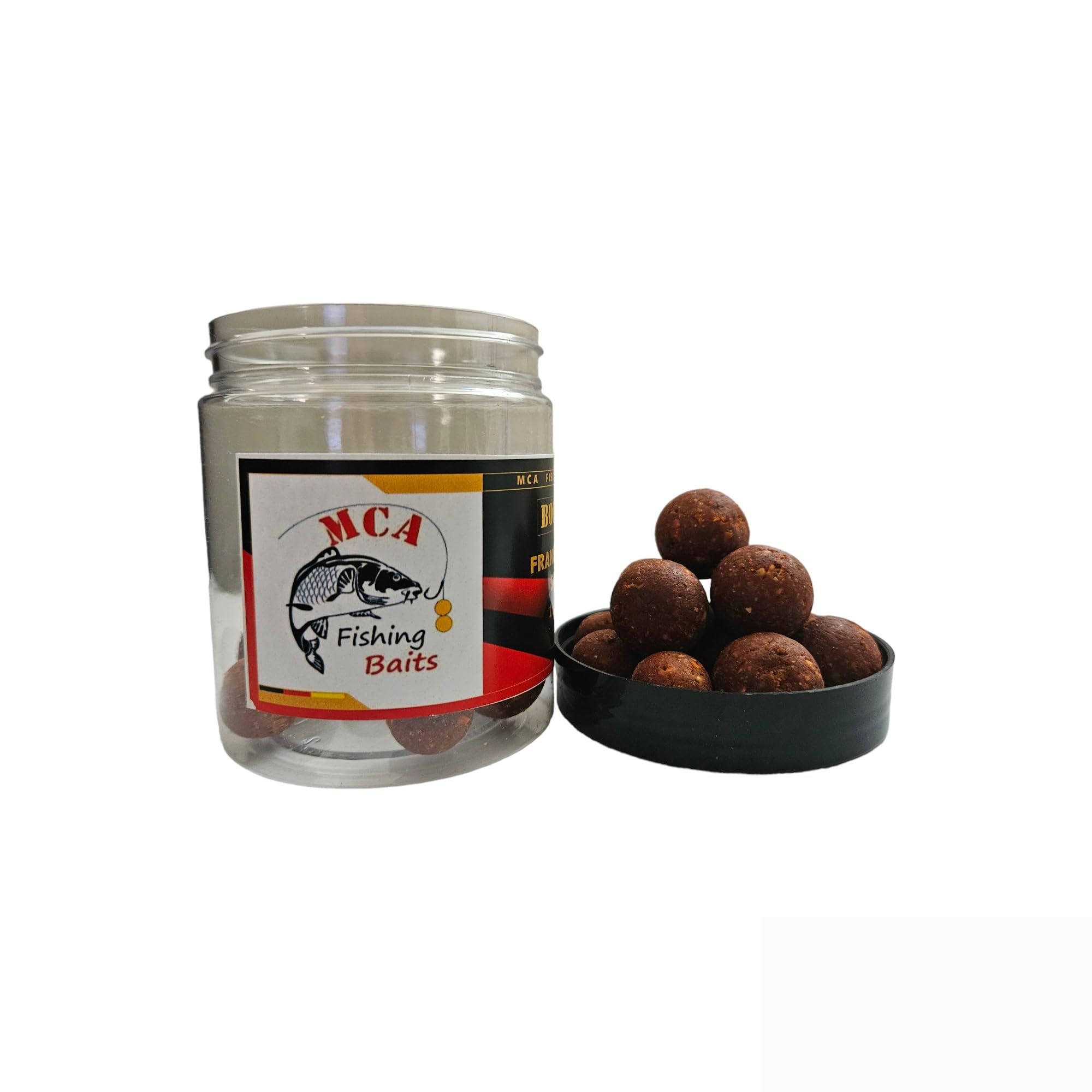 Frankfurter Spicy boilies 16-20mm red arranged for display