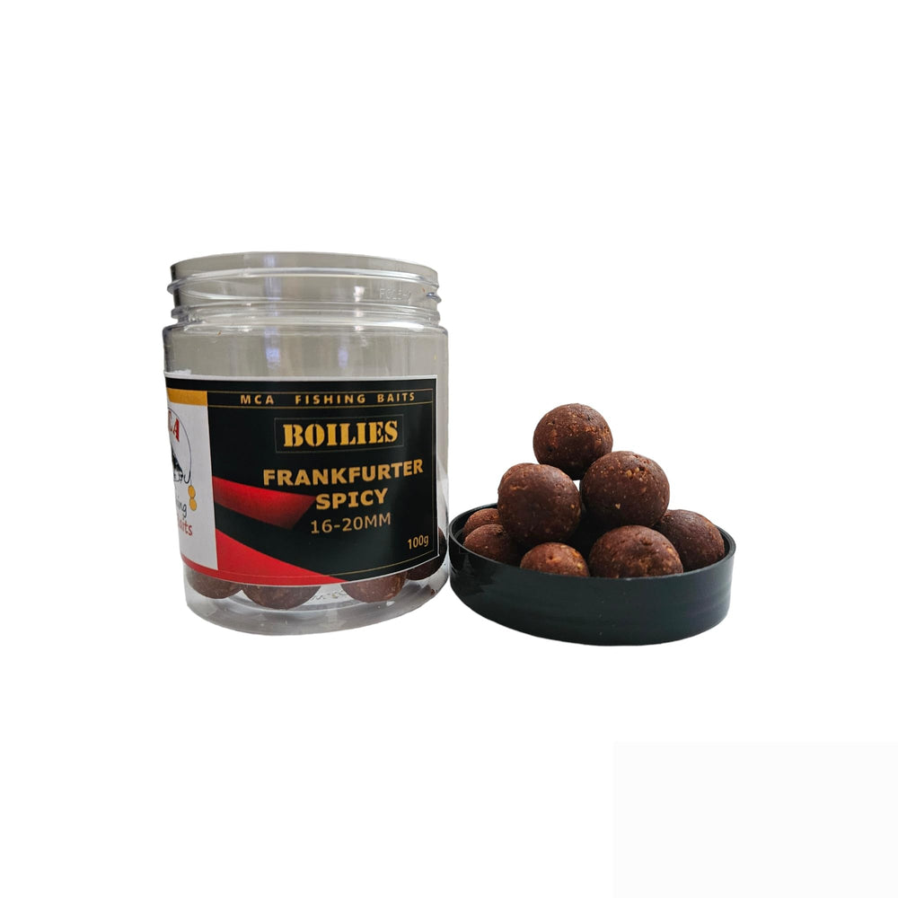 Close-up of Frankfurter Spicy boilies 16-20mm red