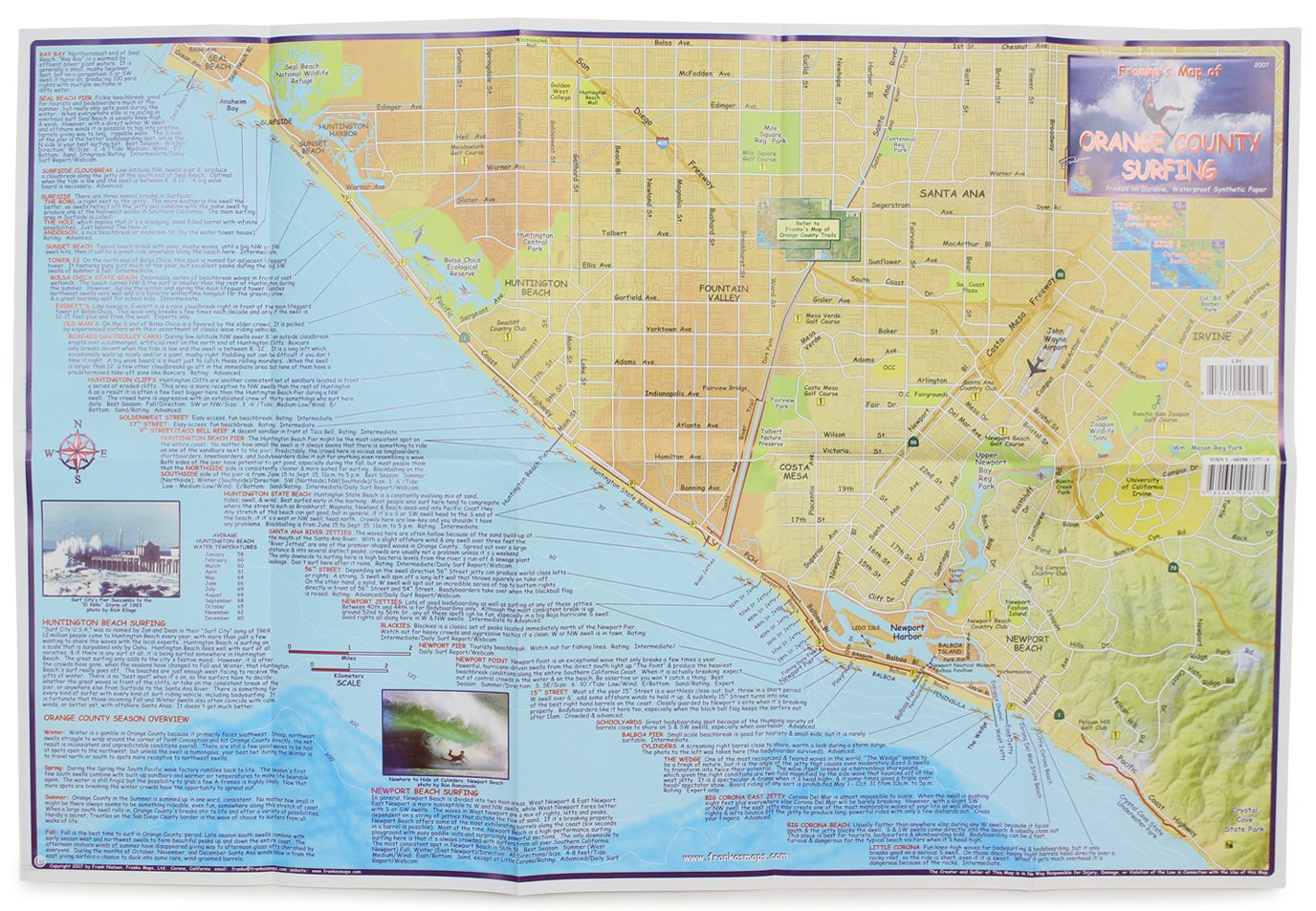 Franko Maps Orange County Surf Map detail shows spot write-ups for informed sessions.