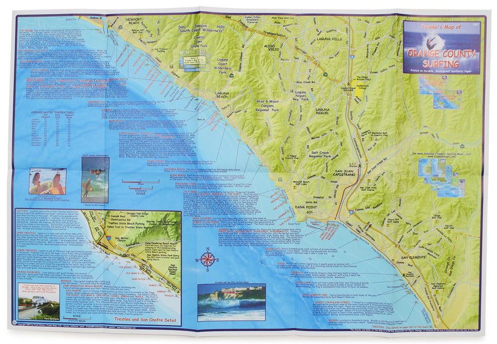 Franko Maps Orange County Surf Map material close-up demonstrates durable waterproof surface.