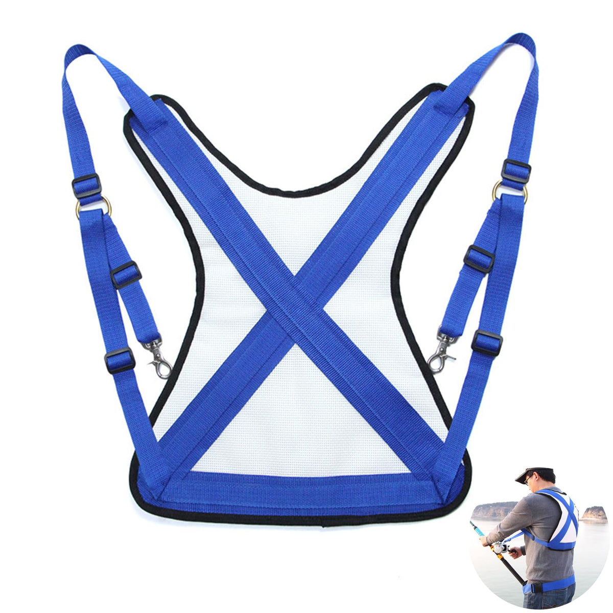 Front view of Frdhee fishing shoulder back harness in blue