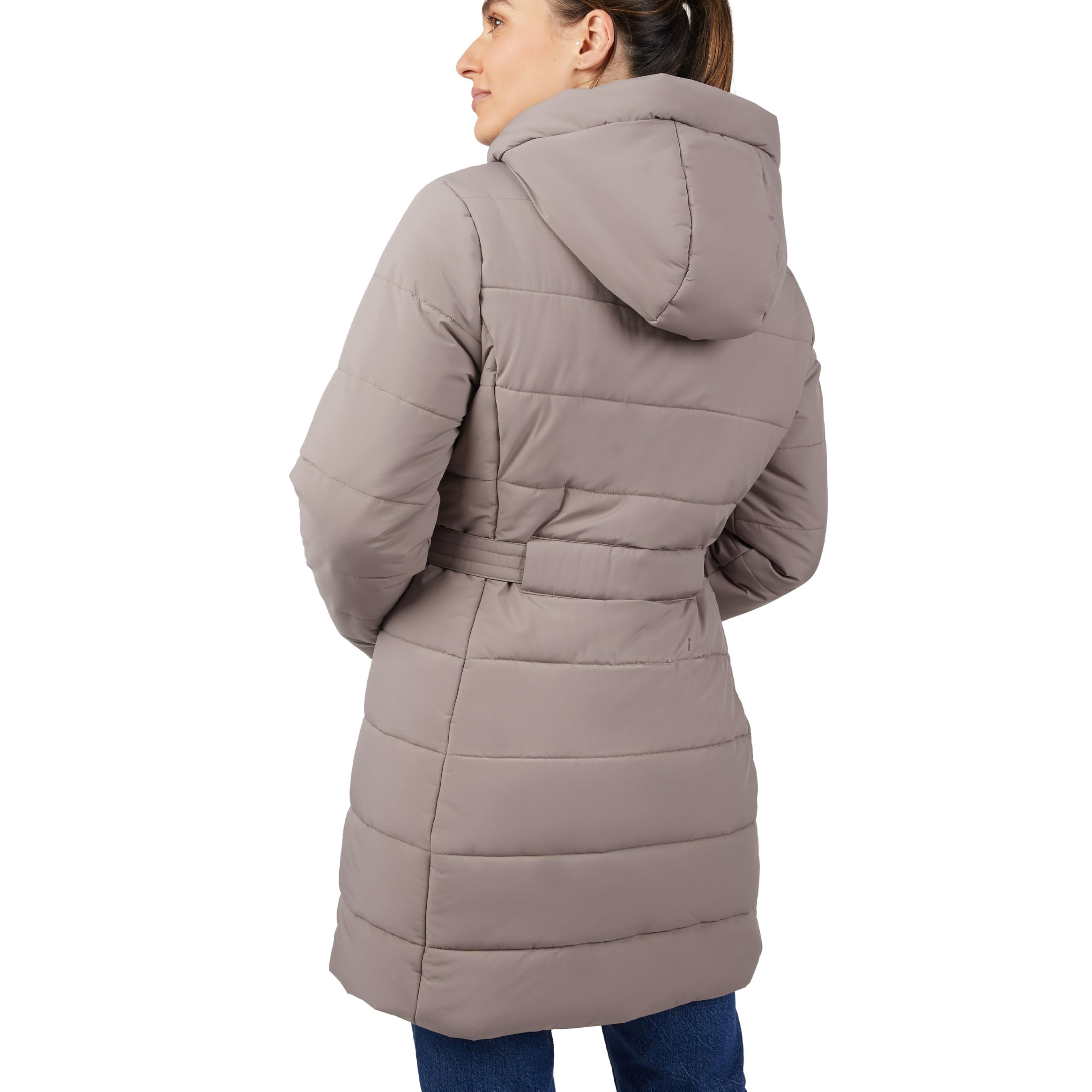 Free Country long mocha puffer jacket back view highlighting silhouette and wind protection