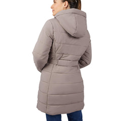 Free Country long mocha puffer jacket back view highlighting silhouette and wind protection