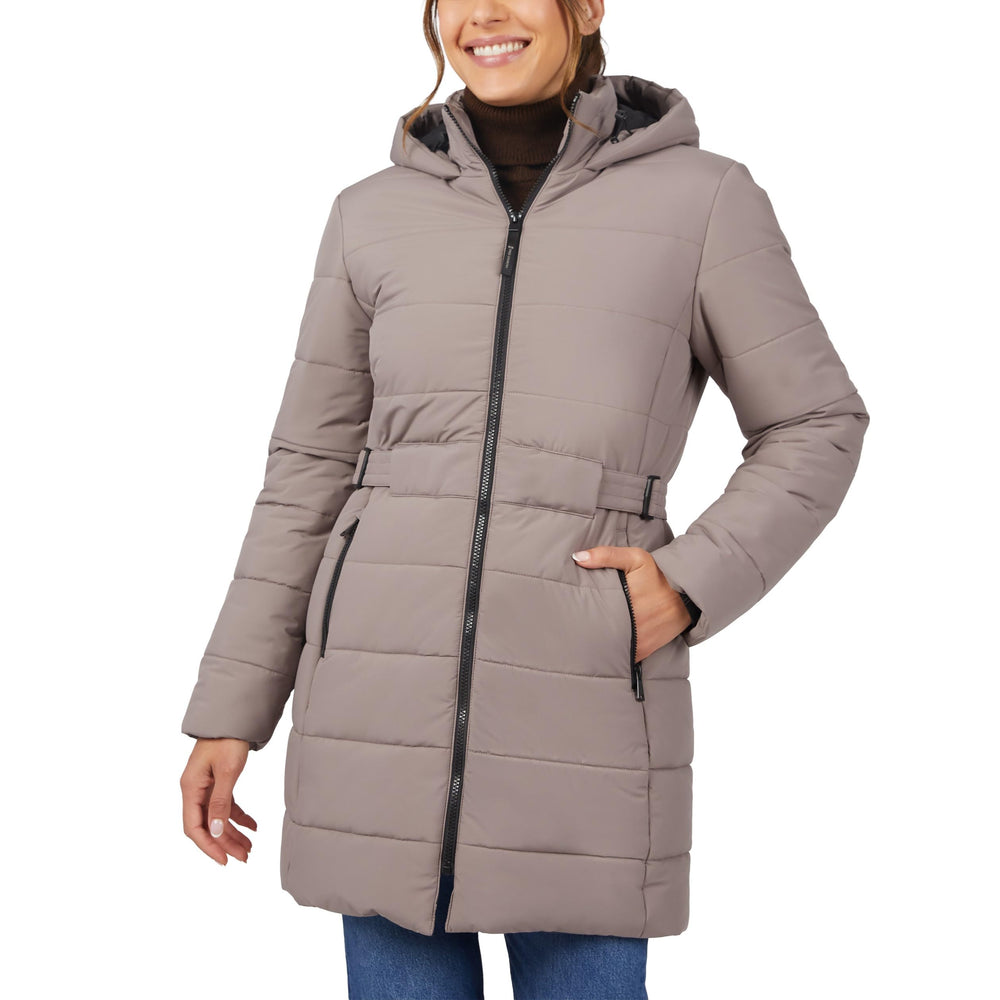 Free Country long mocha puffer jacket front view showing warmth and style