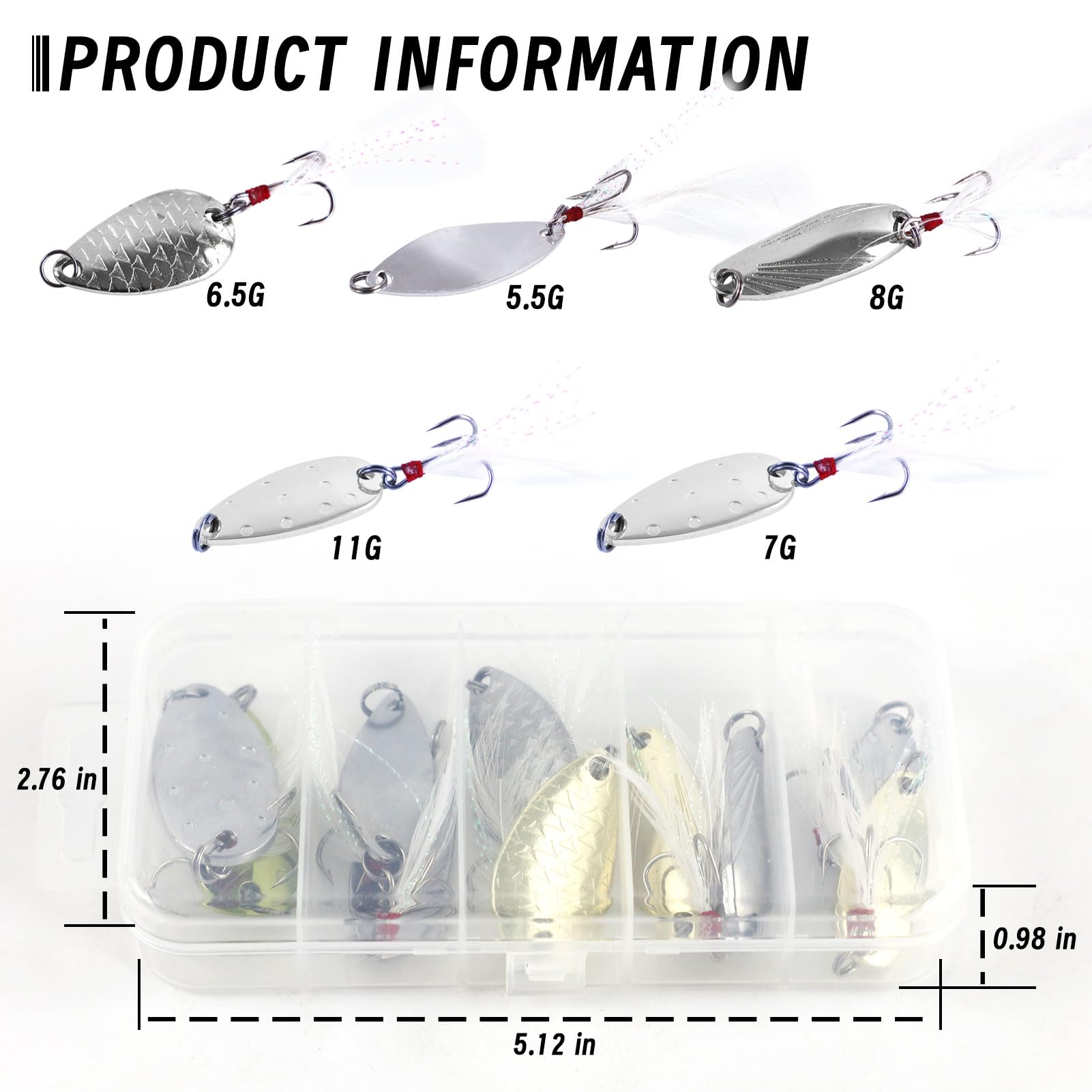Hard metal spinner baits in 5.5g, 6.5g, 7g, 8g, 11g
