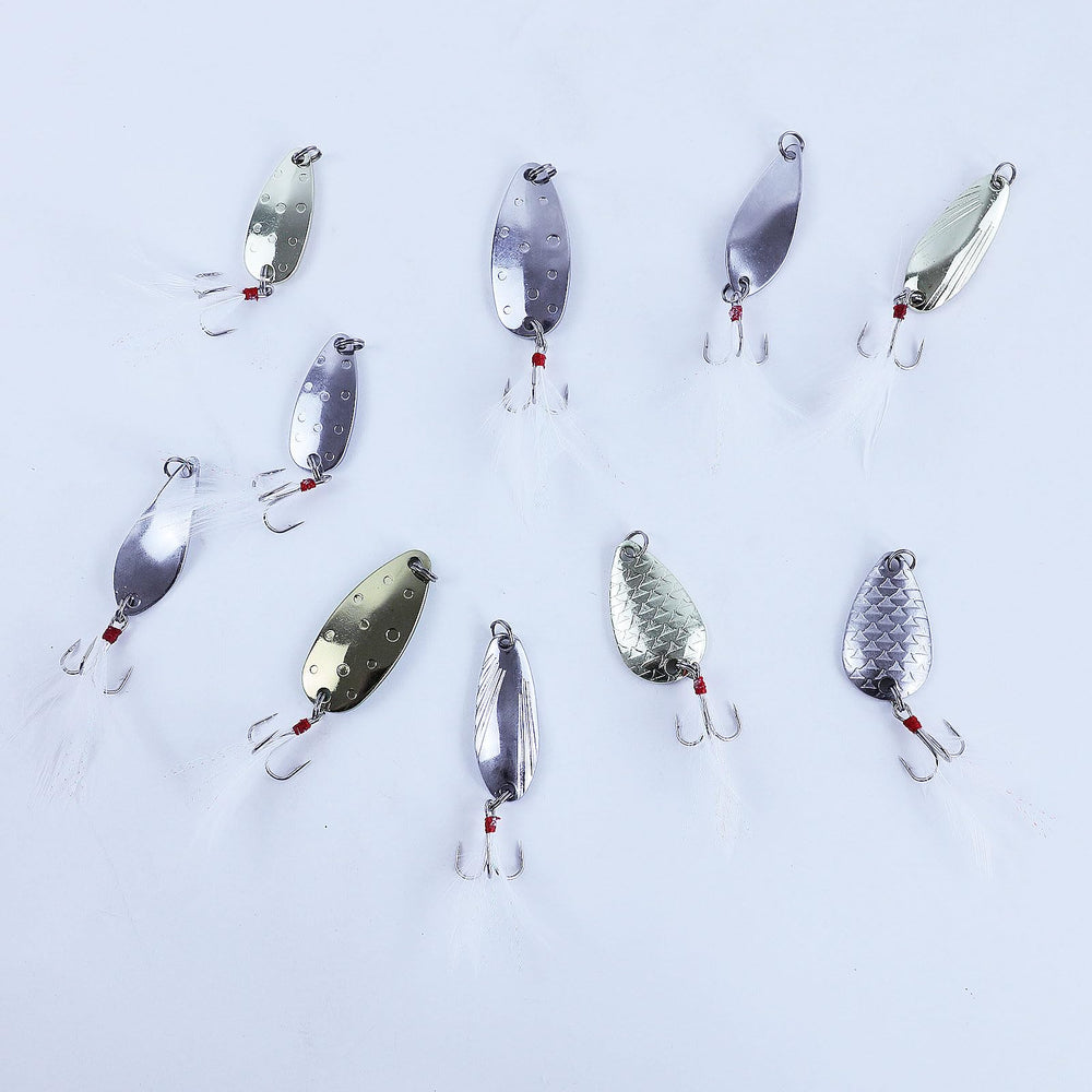 Spoon lures with feathers mimicking fish movement