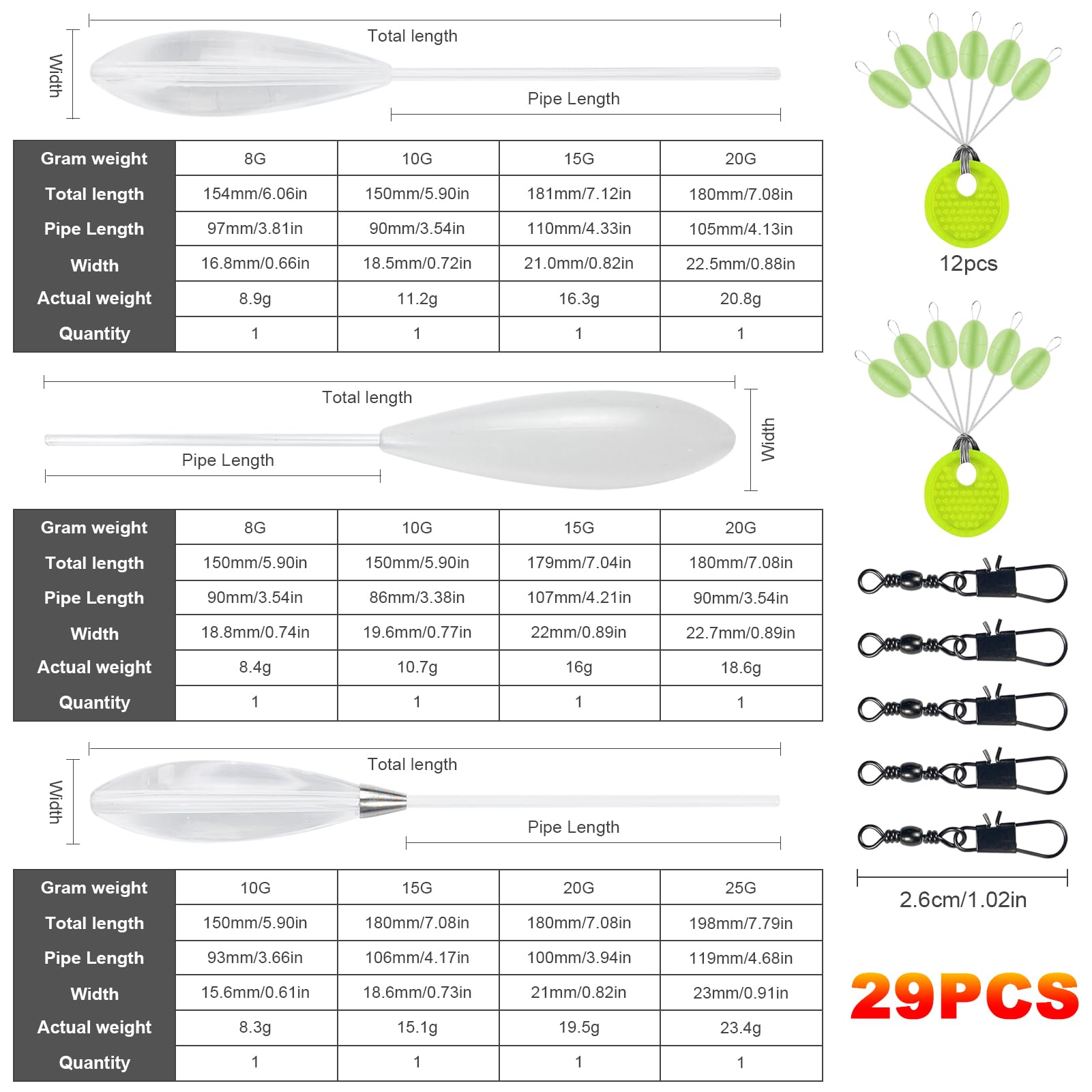 Close-up of sinking and floating floats from the Free Fisher kit