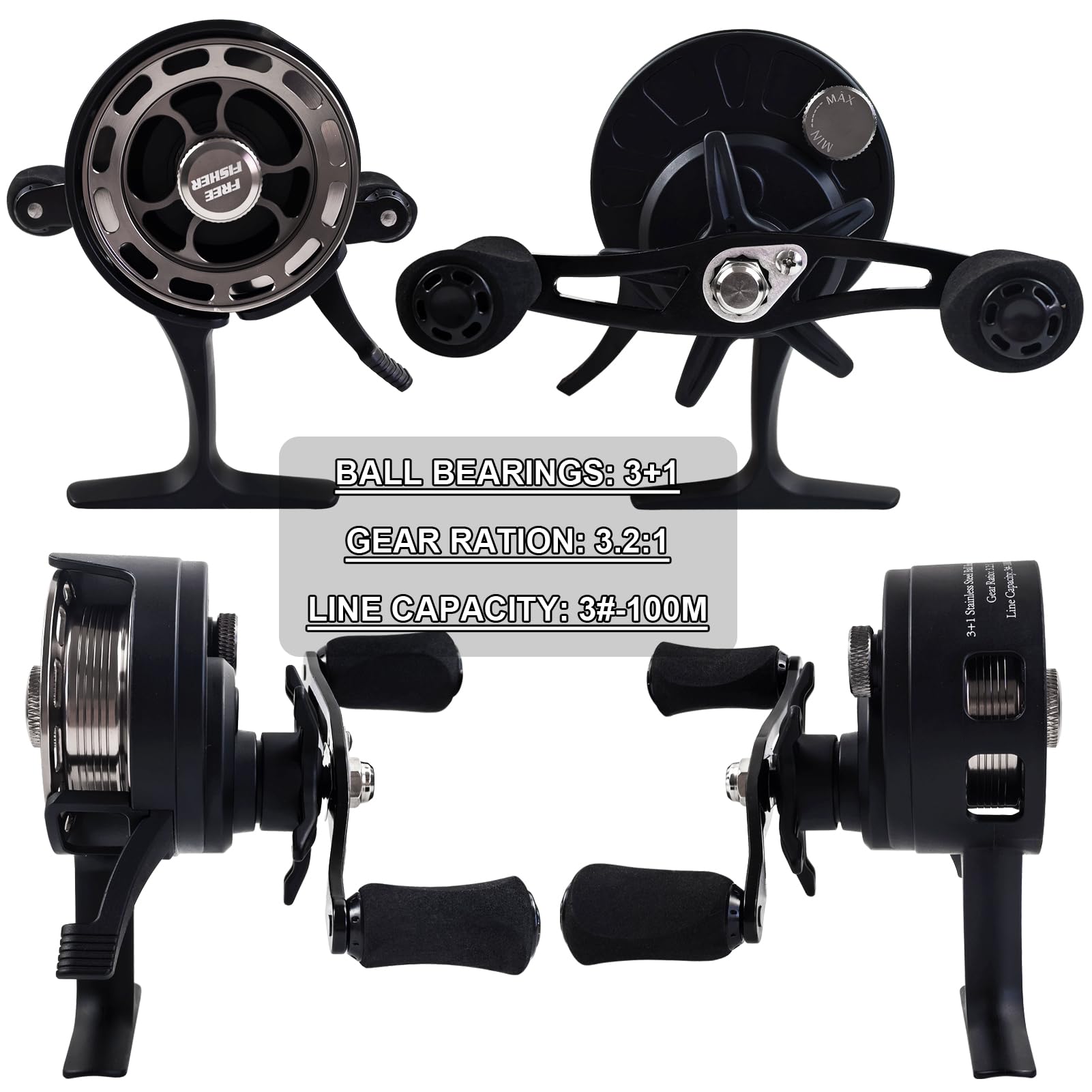 FREE FISHER carbon-frame inline-ice-reel highlights carbon fiber frame for strength and lightness.