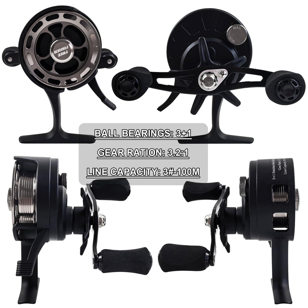 FREE FISHER carbon-frame inline-ice-reel highlights carbon fiber frame for strength and lightness.
