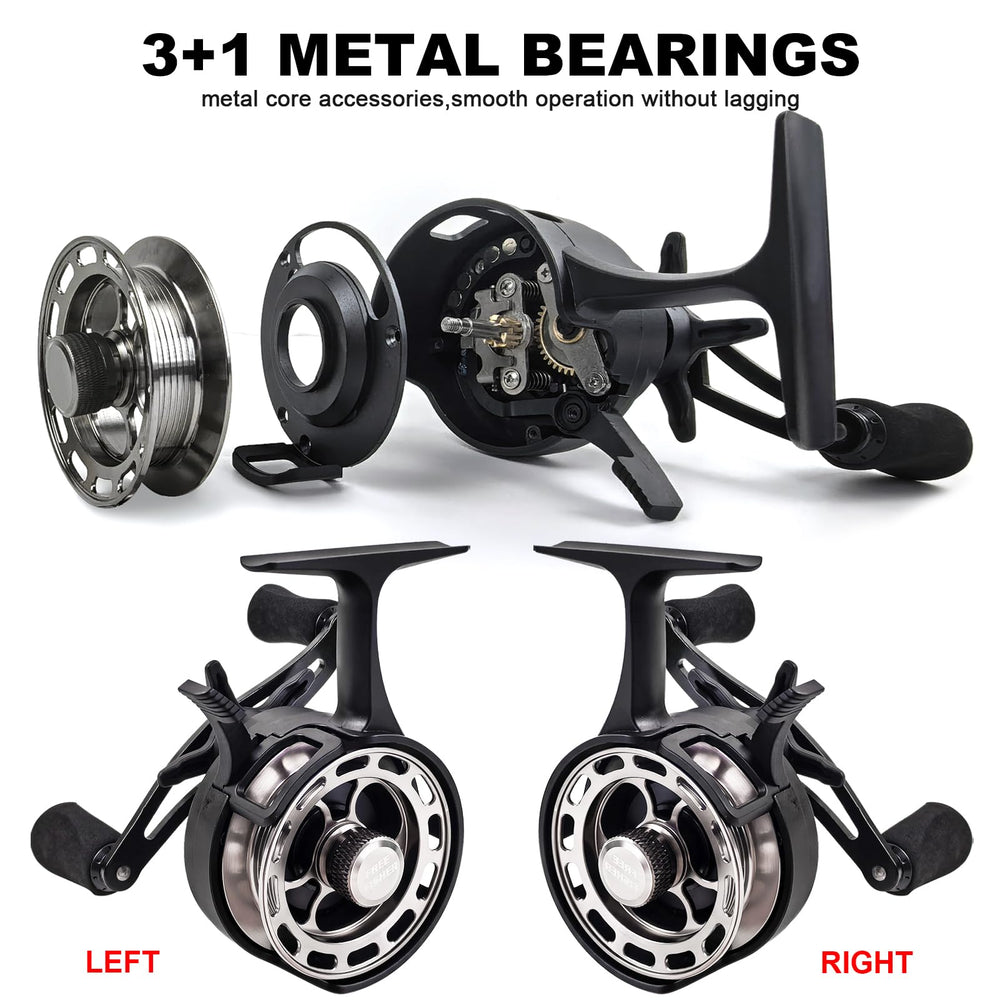 FREE FISHER inline-ice-reel-handle aluminum with a frosted non-slip knob for secure retrieves.