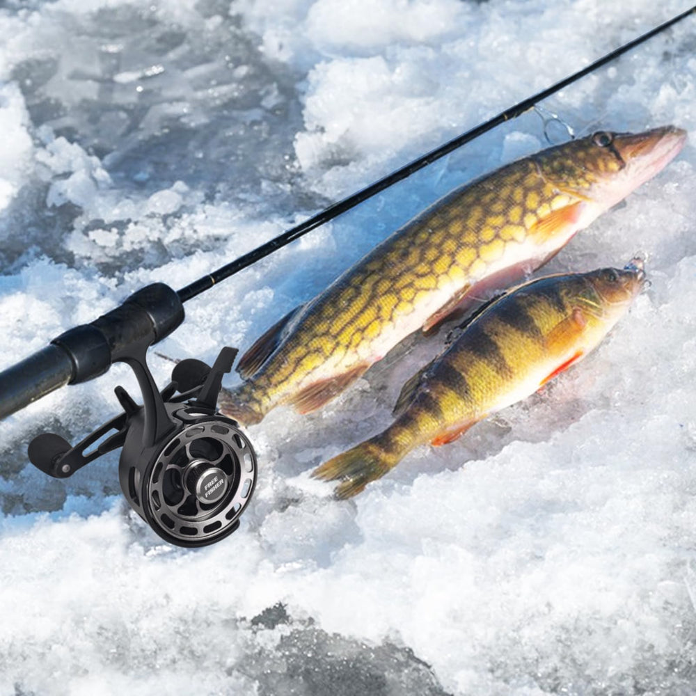 FREE FISHER inline-ice-reel-on-ice-use shows versatile winter fishing in action.