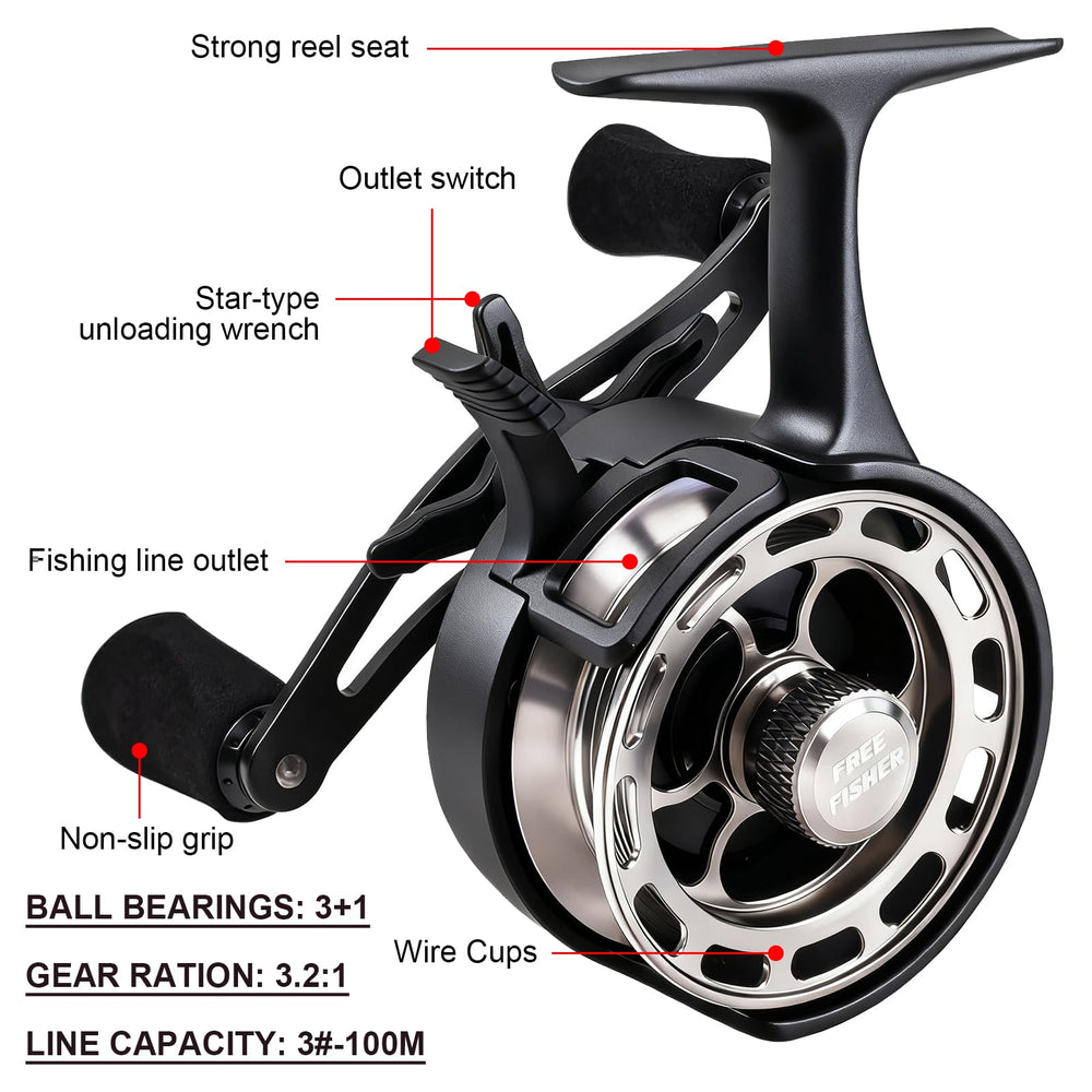 FREE FISHER inline-ice-reel-spool CNC provides smooth line control in cold conditions.