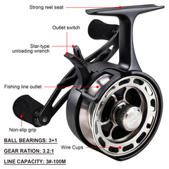 FREE FISHER inline-ice-reel-spool CNC provides smooth line control in cold conditions.