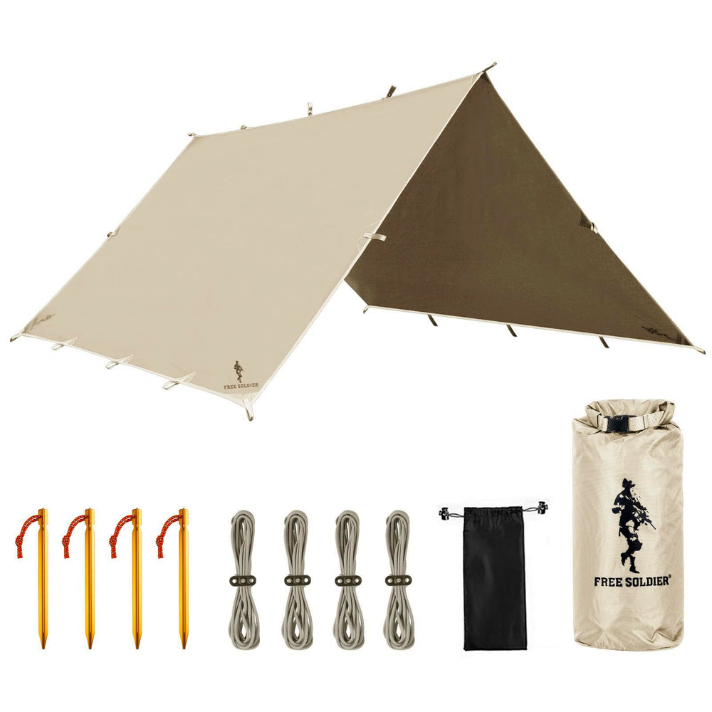 Free Soldier camping tarp setup demonstrates quick shelter for weekend trips.