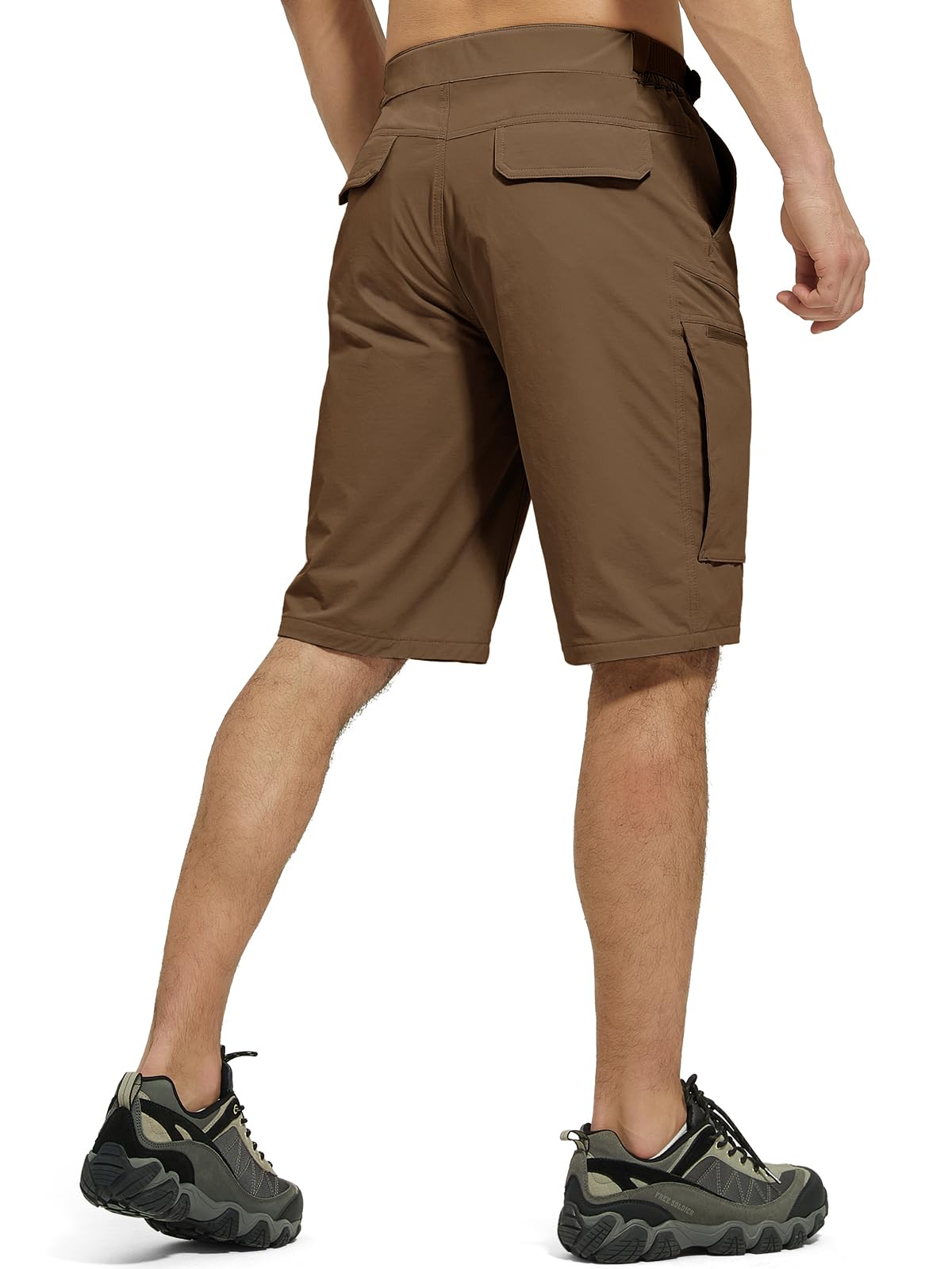 FREE SOLDIER cargo shorts back pocket view highlights secure storage on trails.