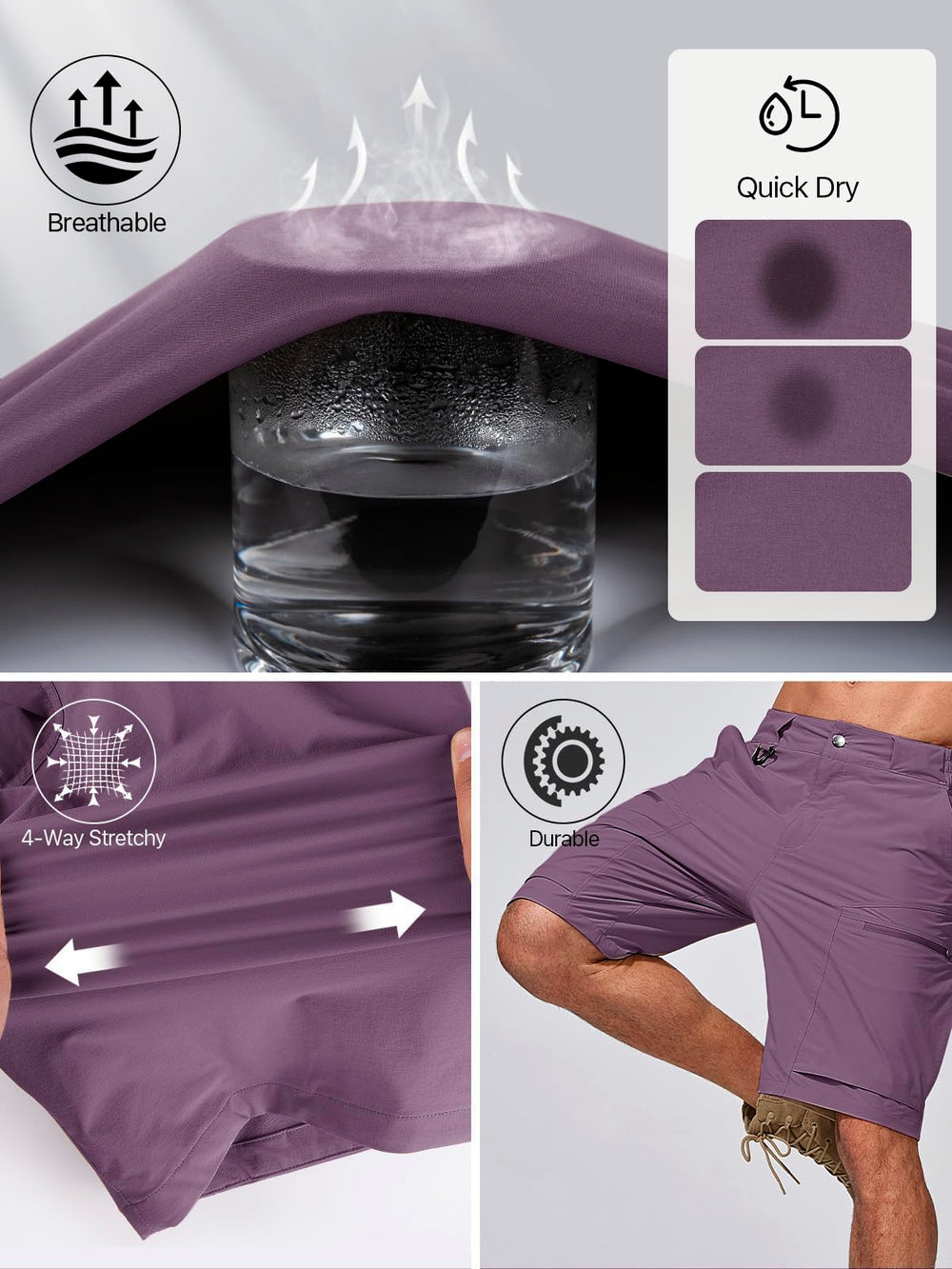 FREE SOLDIER purple shorts with water-repellent finish and UPF 50+ protection