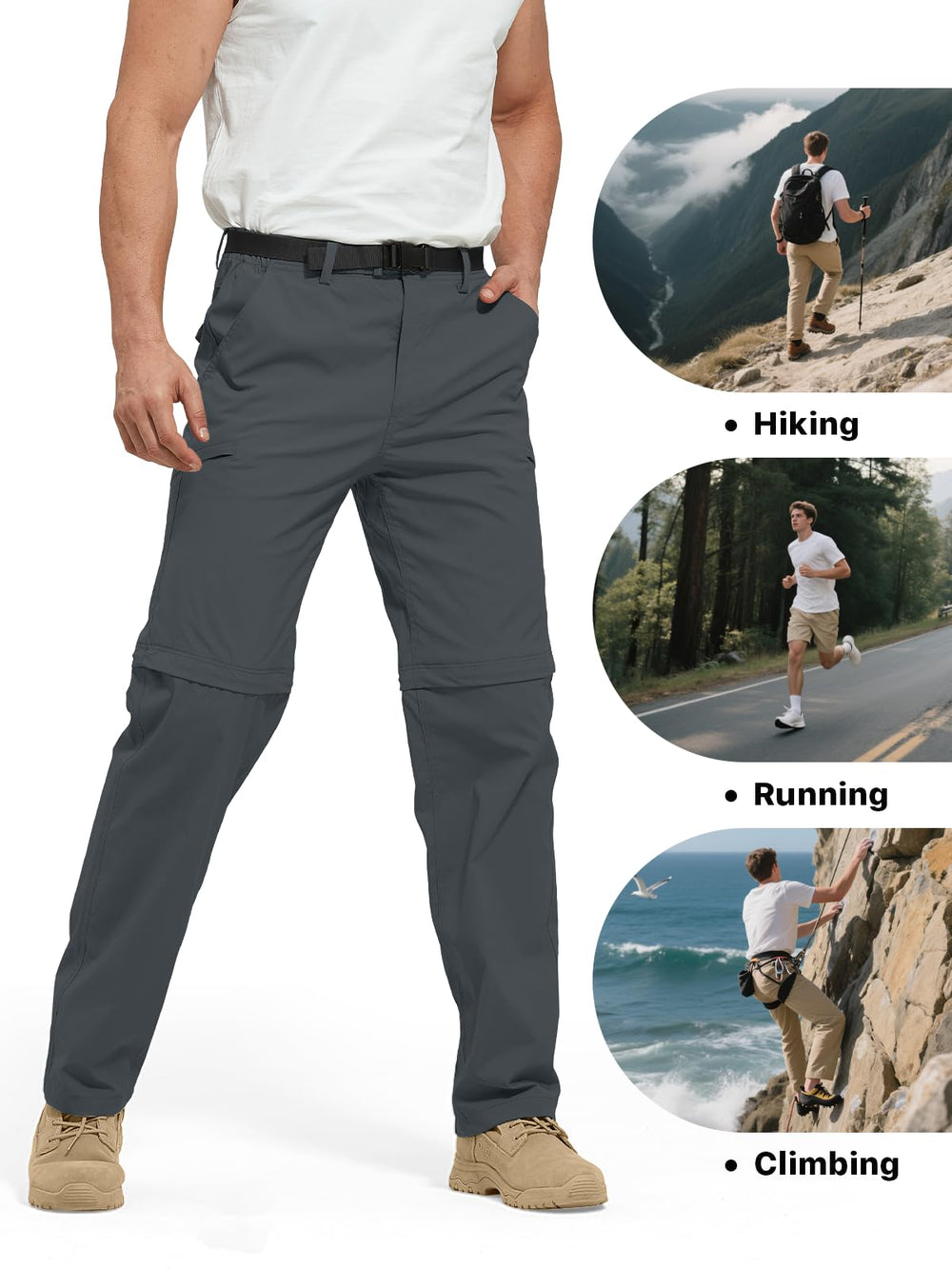 FREE SOLDIER dark-gray pants on a trail showcase rugged versatility and durability.