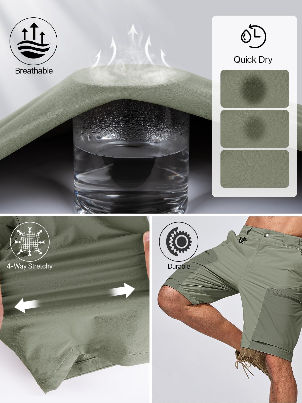 FREE SOLDIER green fabric close-up shows breathable weave and quick-dry performance