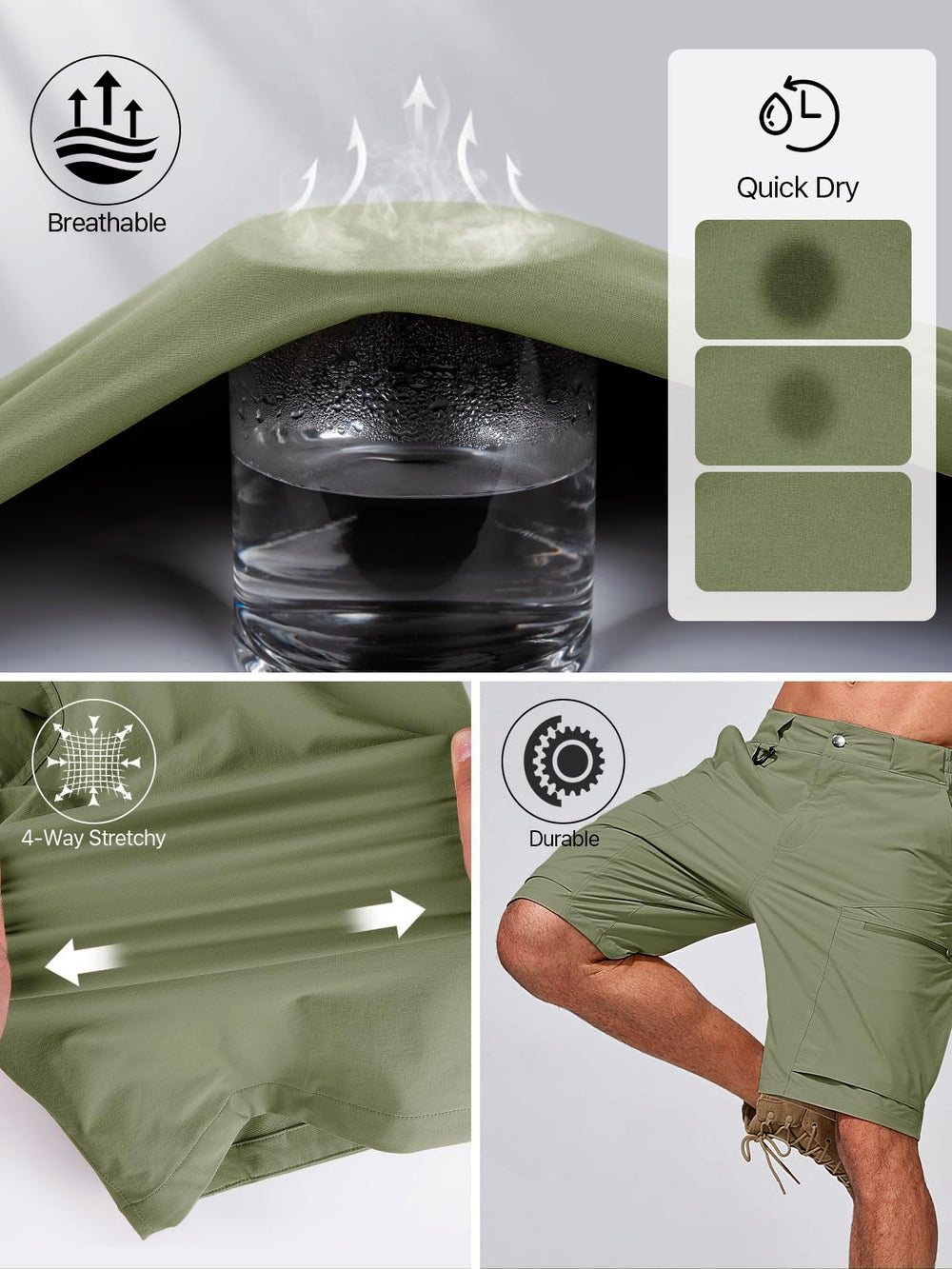 FREE SOLDIER mens cargo hiking shorts slategreen thigh pocket zip closeup for secure storage