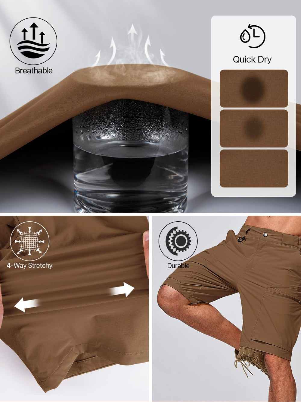 FREE SOLDIER men's cargo shorts fabric closeup, breathable four-way stretch for mobility.